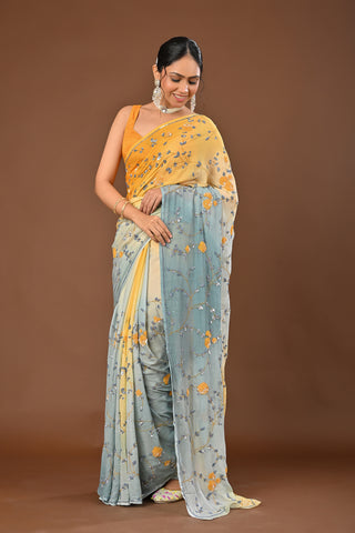 Shaded Lemon and Grey Platinum Chiffon Saree with Self Colored Sequins Jaal with colored cutdana