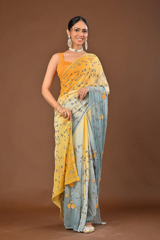 Shaded Lemon and Grey Platinum Chiffon Saree with Self Colored Sequins Jaal with colored cutdana