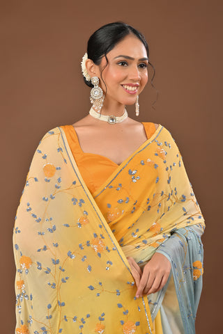 Shaded Lemon and Grey Platinum Chiffon Saree with Self Colored Sequins Jaal with colored cutdana
