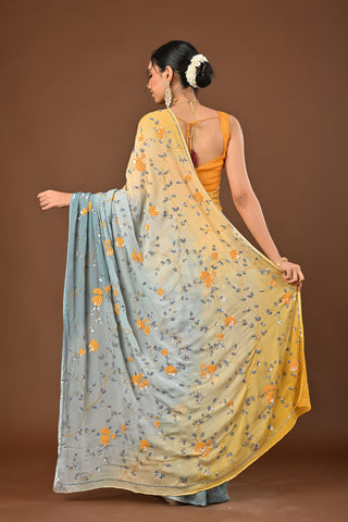 Shaded Lemon and Grey Platinum Chiffon Saree with Self Colored Sequins Jaal with colored cutdana