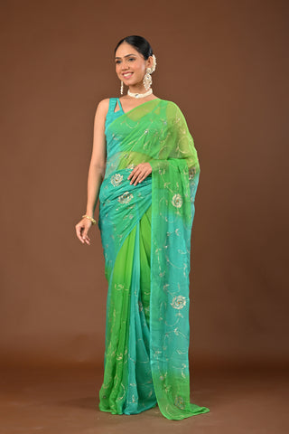 Shaded Seagreen and Firozi Platinum Chiffon Saree with Aari Kasab Jaal with Zardozi and resham Knots