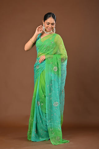 Shaded Seagreen and Firozi Platinum Chiffon Saree with Aari Kasab Jaal with Zardozi and resham Knots