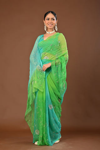Shaded Green and Rama Chiffon Saree with Aari Kasab Jaal with rose motifs