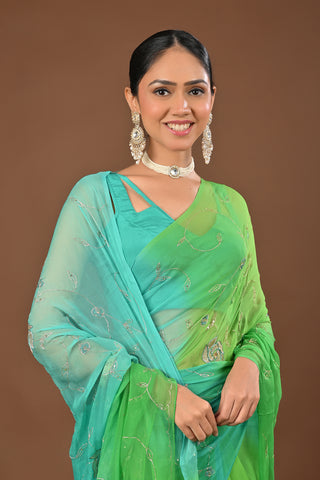 Shaded Green and Rama Chiffon Saree with Aari Kasab Jaal with rose motifs