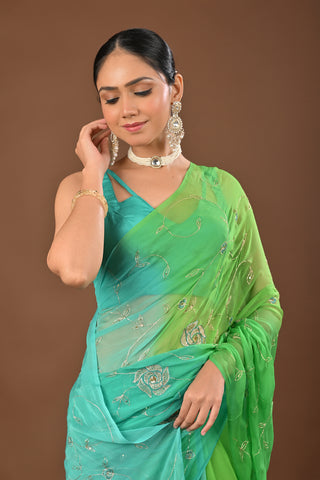 Shaded Seagreen and Firozi Platinum Chiffon Saree with Aari Kasab Jaal with Zardozi and resham Knots