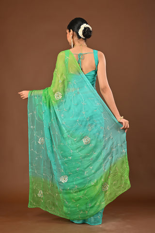 Shaded Seagreen and Firozi Platinum Chiffon Saree with Aari Kasab Jaal with Zardozi and resham Knots