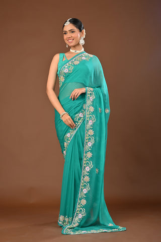 Rama Chiffon Saree with Aari Kasab