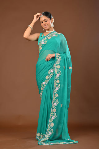 Rama Chiffon Saree with Aari Kasab