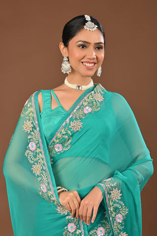 Rama Chiffon Saree with Aari Kasab