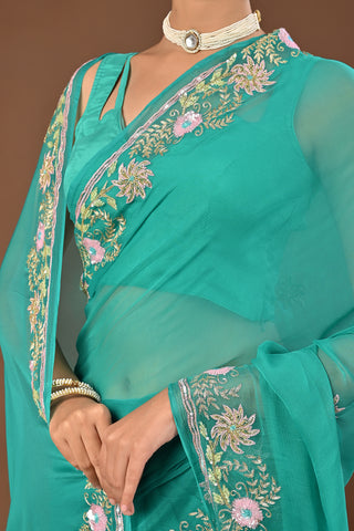 Rama Chiffon Saree with Aari Kasab
