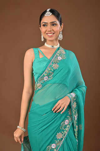 Rama Chiffon Saree with Aari Kasab