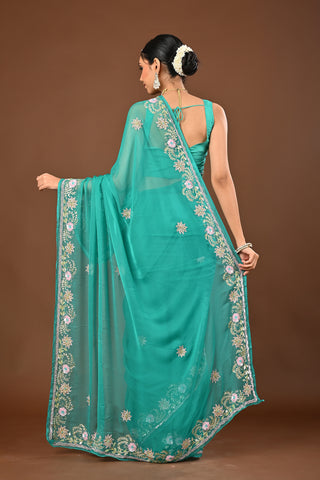 Rama Chiffon Saree with Aari Kasab