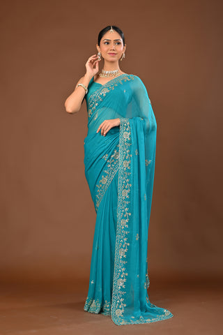 Firozi Chiffon Saree with Aari Kasab