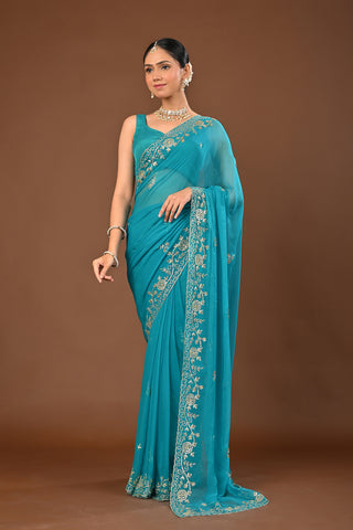 Firozi Chiffon Saree with Aari Kasab