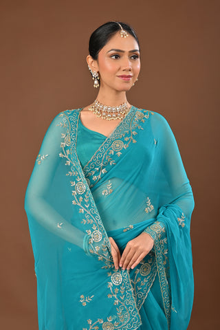 Firozi Chiffon Saree with Aari Kasab