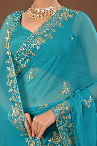 Firozi Chiffon Saree with Aari Kasab