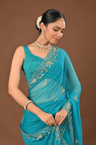 Firozi Chiffon Saree with Aari Kasab