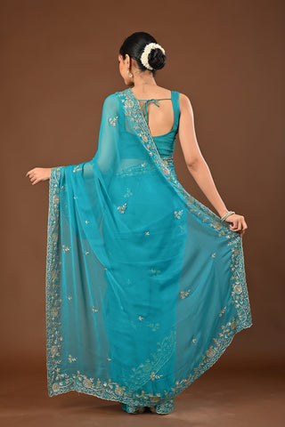 Firozi Chiffon Saree with Aari Kasab