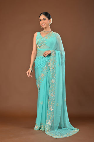 Light Sea Green Chiffon Saree with Jamdani Ganga Jamuni aari Kasab Boarder with Cutdana and moti