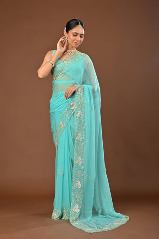 Light Sea Green Chiffon Saree with Jamdani Ganga Jamuni aari Kasab Boarder with Cutdana and moti