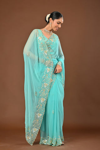 Light Sea Green Chiffon Saree with Jamdani Ganga Jamuni aari Kasab Boarder with Cutdana and moti