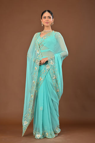 Light Sea Green Chiffon Saree with Jamdani Ganga Jamuni aari Kasab Boarder with Cutdana and moti