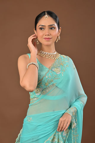 Light Sea Green Chiffon Saree with Jamdani Ganga Jamuni aari Kasab Boarder with Cutdana and moti