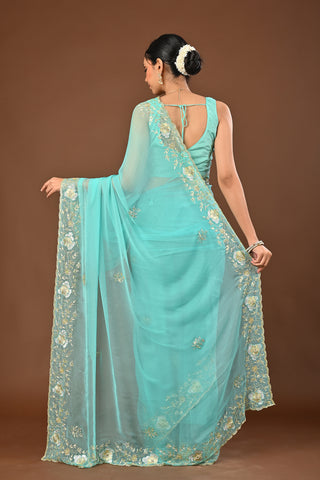 Light Sea Green Chiffon Saree with Jamdani Ganga Jamuni aari Kasab Boarder with Cutdana and moti