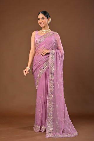 Onion Pink Chiffon Saree with Aari kasab