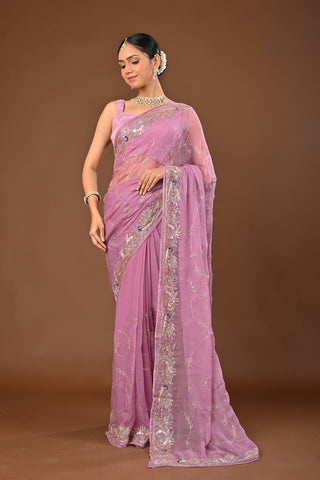 Onion Pink Chiffon Saree with Aari Kasab Jal and sequins work with peacock motifs