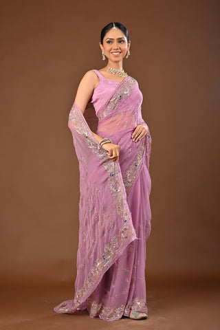 Onion Pink Chiffon Saree with Aari Kasab Jal and sequins work with peacock motifs