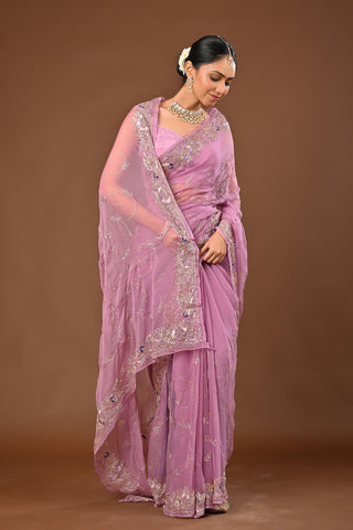 Onion Pink Chiffon Saree with Aari Kasab Jal and sequins work with peacock motifs
