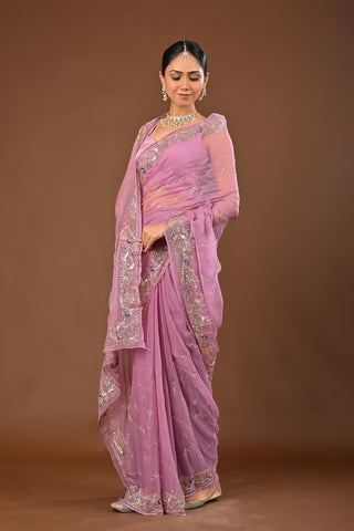 Onion Pink Chiffon Saree with Aari kasab