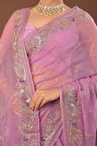 Onion Pink Chiffon Saree with Aari kasab