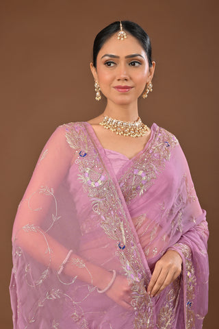 Onion Pink Chiffon Saree with Aari Kasab Jal and sequins work with peacock motifs