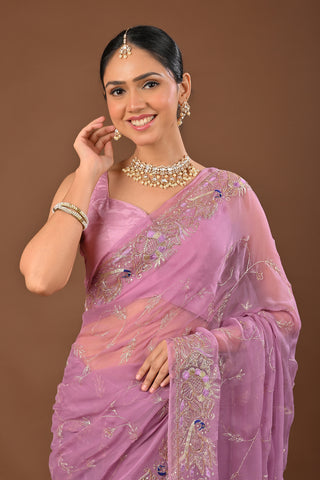 Onion Pink Chiffon Saree with Aari kasab