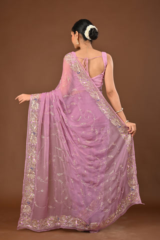 Onion Pink Chiffon Saree with Aari Kasab Jal and sequins work with peacock motifs