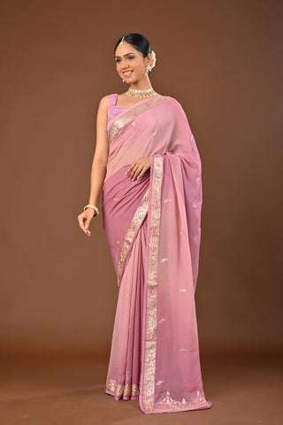 Shaded Onion Pink Platinum Chiffon Saree with Jamdani Aari Kasab and Zardozi Border with persly motifs