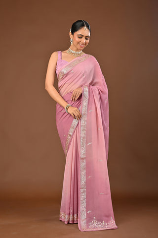 Shaded Onion Pink Platinum Chiffon Saree with Jamdani Aari Kasab and Zardozi Border with persly motifs