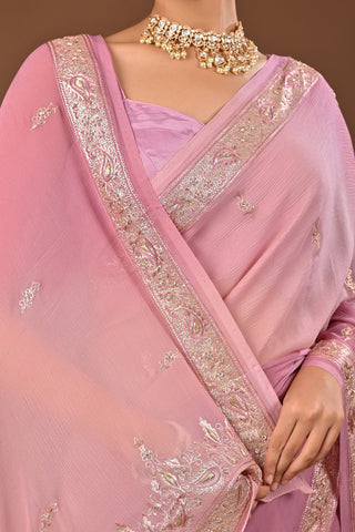 Shaded Onion Pink Platinum Chiffon Saree with Jamdani Aari Kasab and Zardozi Border with persly motifs