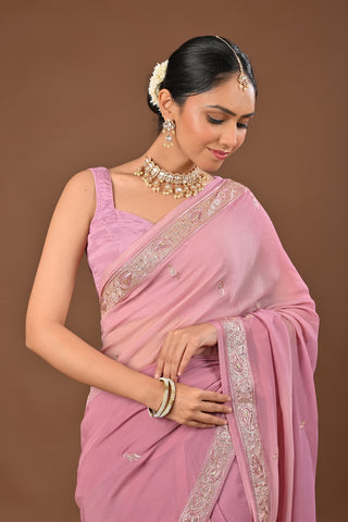 Shaded Onion Pink Platinum Chiffon Saree with Jamdani Aari Kasab and Zardozi Border with persly motifs