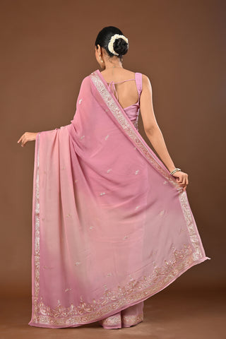 Shaded Onion Pink Platinum Chiffon Saree with Jamdani Aari Kasab and Zardozi Border with persly motifs