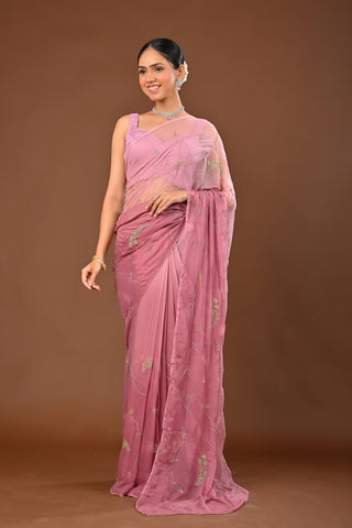 Shaded Onion Pink Chiffon Saree with Cutdana Keri Jaal