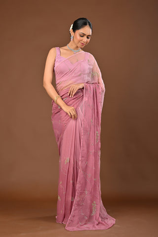 Shaded Onion Pink Chiffon Saree with Cutdana Keri Jaal
