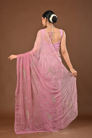 Shaded Onion Pink Chiffon Saree with Cutdana Keri Jaal