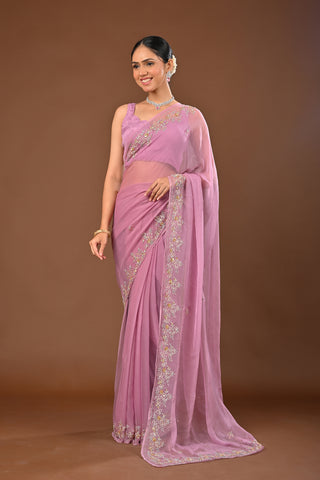 Shaded Dusty Onion and Mustard Chiffon Saree with Aari Kasab and sequins work with floral motifs