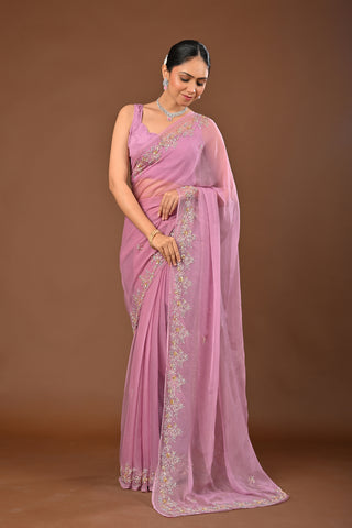 Shaded Dusty Onion and Mustard Chiffon Saree with Aari Kasab and sequins work with floral motifs