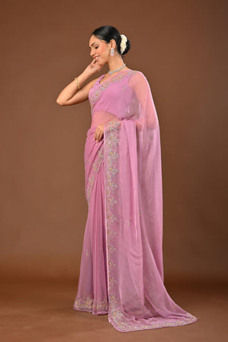 Onion Pink Chiffon Saree with Aari kasab