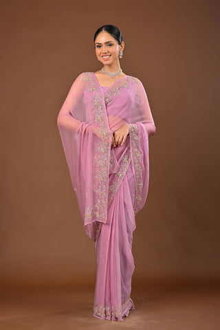 Onion Pink Chiffon Saree with Aari kasab