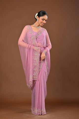 Shaded Dusty Onion and Mustard Chiffon Saree with Aari Kasab and sequins work with floral motifs